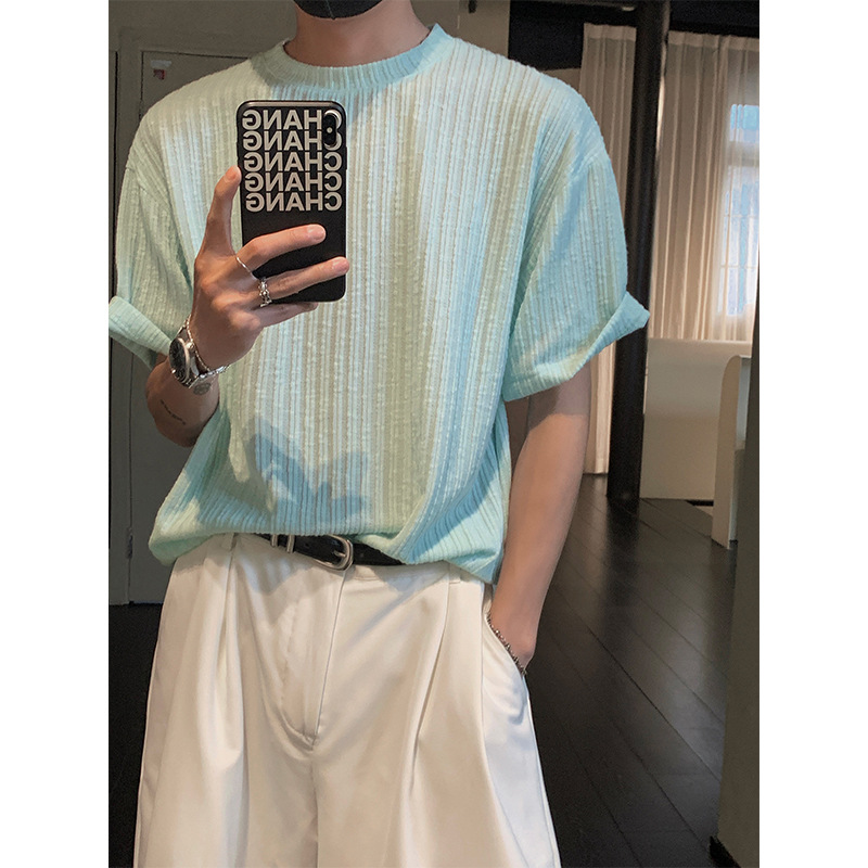 Striped Short-Sleeve T-Shirt for Men, Summer Japanese Style, Thin Casual Old Money Style, Ribbed Design, Trendy Half-Sleeve Ins