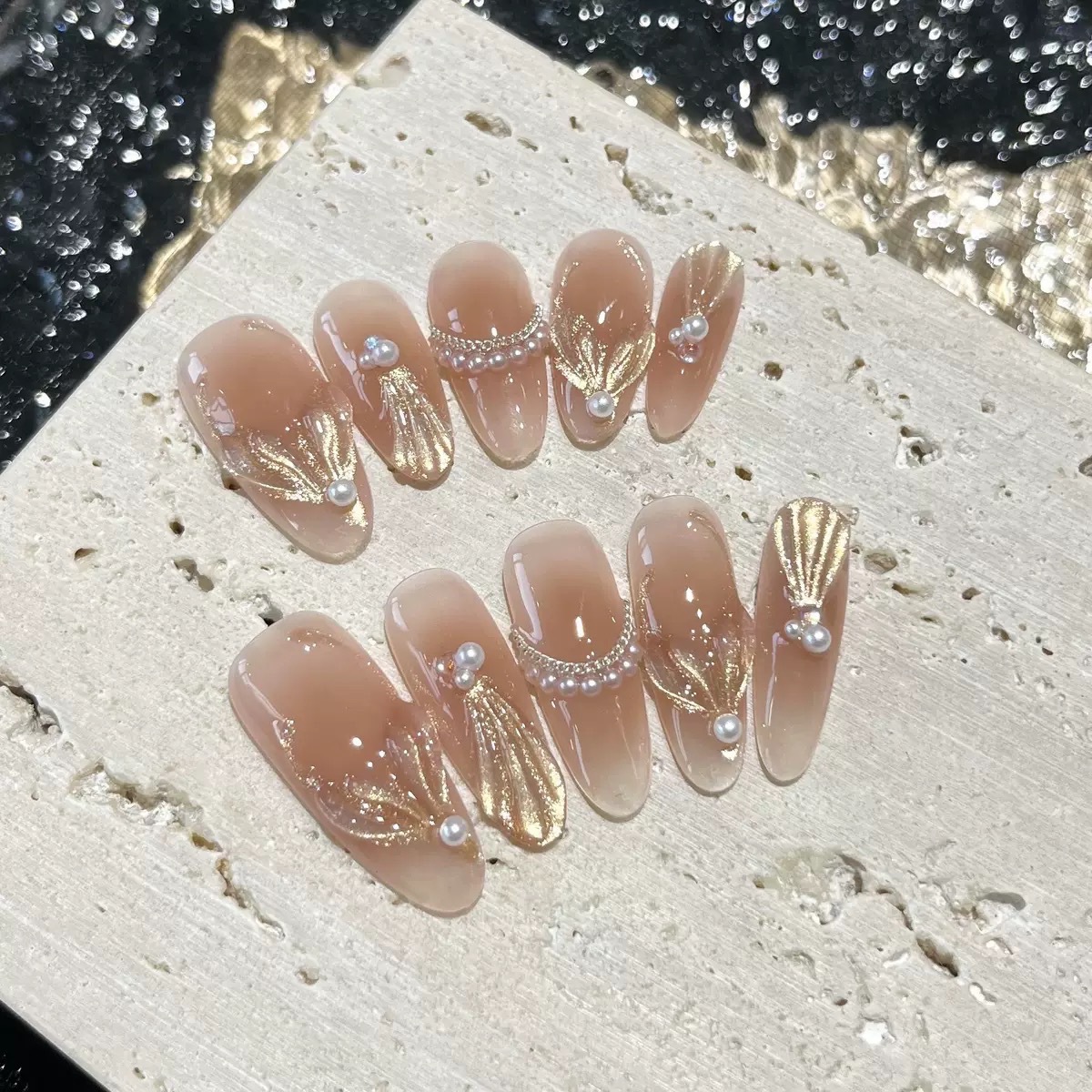 [Ice Tea Mermaid] Ins Style Handmade Wearable Nails High-End Mid-Length Manicure Patches Fake Nails Wholesale