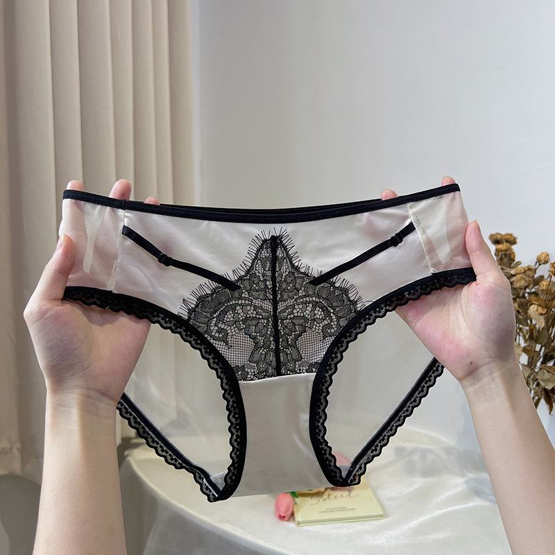 French Satin Eyelash Lace Panties New European and American Women's Briefs Lace Mesh Breathable Comfortable Shorts