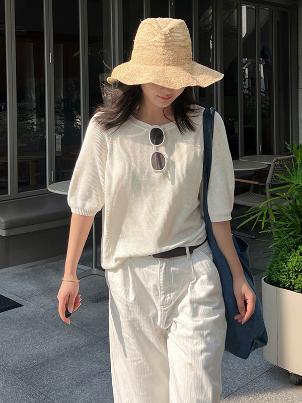 2026 Summer New Style Linen Blend Small V-Neck Knitted Short-Sleeved Pullover Women's Simple High-End Top