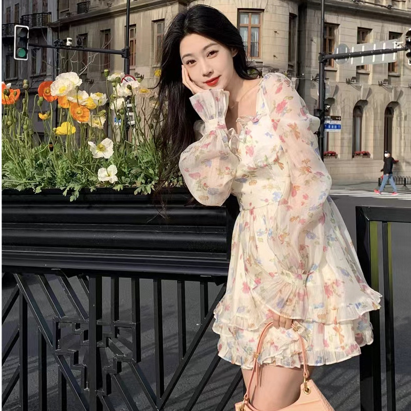 Princess on the Run Super Fairy Floral dress Women's Autumn New French Style Slimming Elegant Shaggy Short Skirt