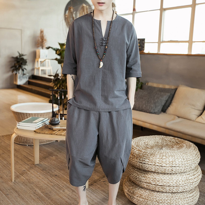 Chinese Style Men's Linen Suit Summer Men's Short-sleeved T-shirt Casual Beach Summer Cotton Linen V-collar Brand Half-sleeved