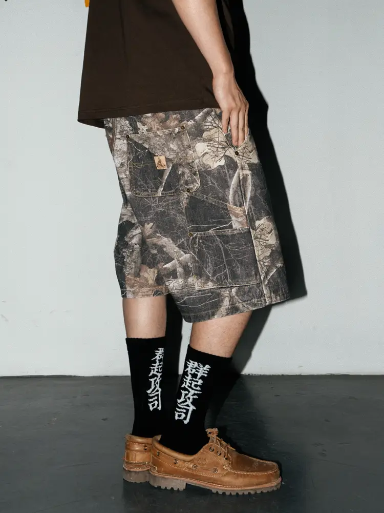Suc Group Tree Branches Dead Leaves Hunting Camouflage Flap Pocket pants Hanging Ring Washed Vintage Loose Straight-leg parka shorts