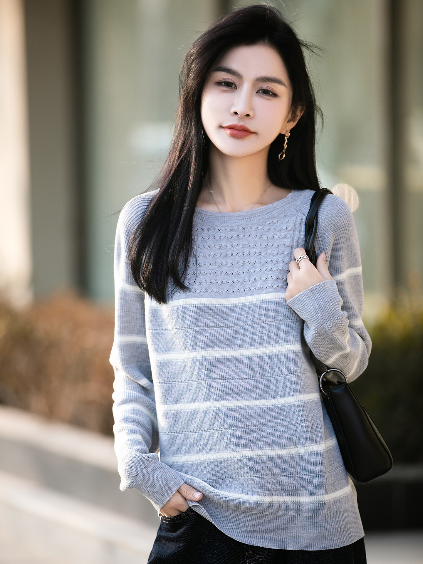 Retro College-Style All-Cotton Striped Shirt with Hollow-Out Raglan Round Neck, Slightly Loose Baseball Shirt Style Spring/Summer T-Shirt