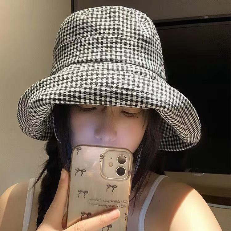 Houndstooth Fisherman Hat Women's Summer Large Brim UV-proof Outdoor Sunshade Sunscreen Fashion All-match Sun Hat Basin Hat