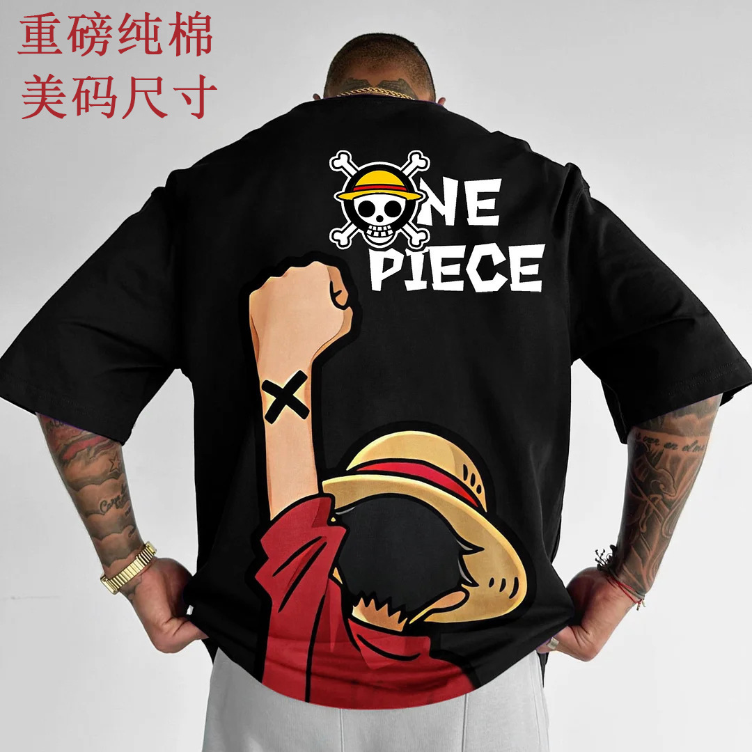 One Piece Short-Sleeved T-Shirt Anime Print Cross-Border Us Size 220g Heavy Cotton T-Shirt Custom Logo Men's T-Shirt