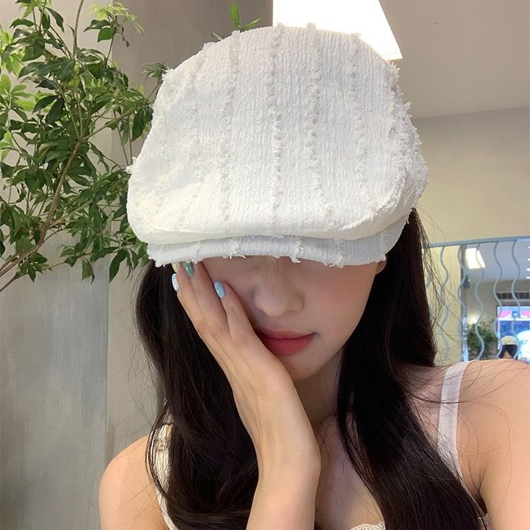 Japanese Style Retro Solid Color Striped Forward Hat Women's Spring and Summer Thin All-Match Face Shown Small Beret Newspaper Boy Painter Hat