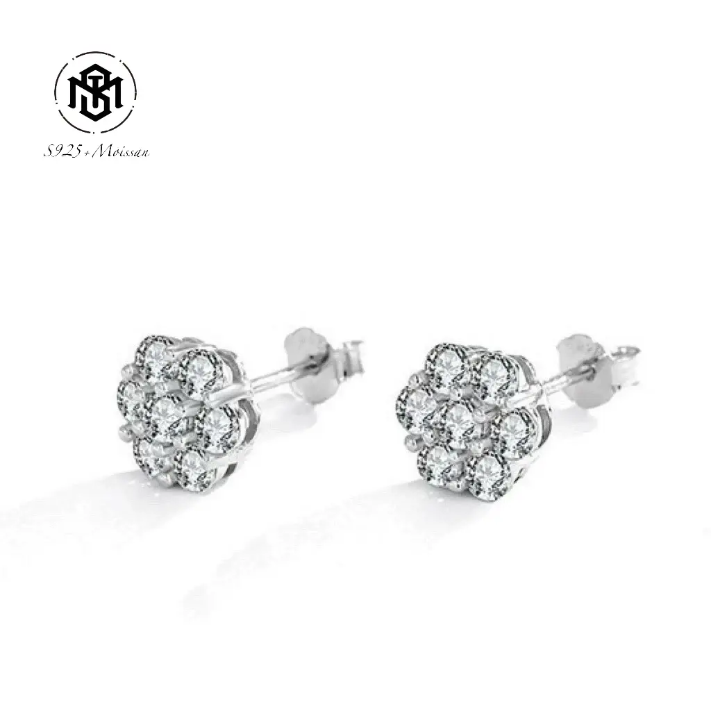 Mst Bling Moissanite S925 Sterling Silver Moissanite Trendy Cluster Flower Stud Earrings Super Flash Texture Exquisite Earrings