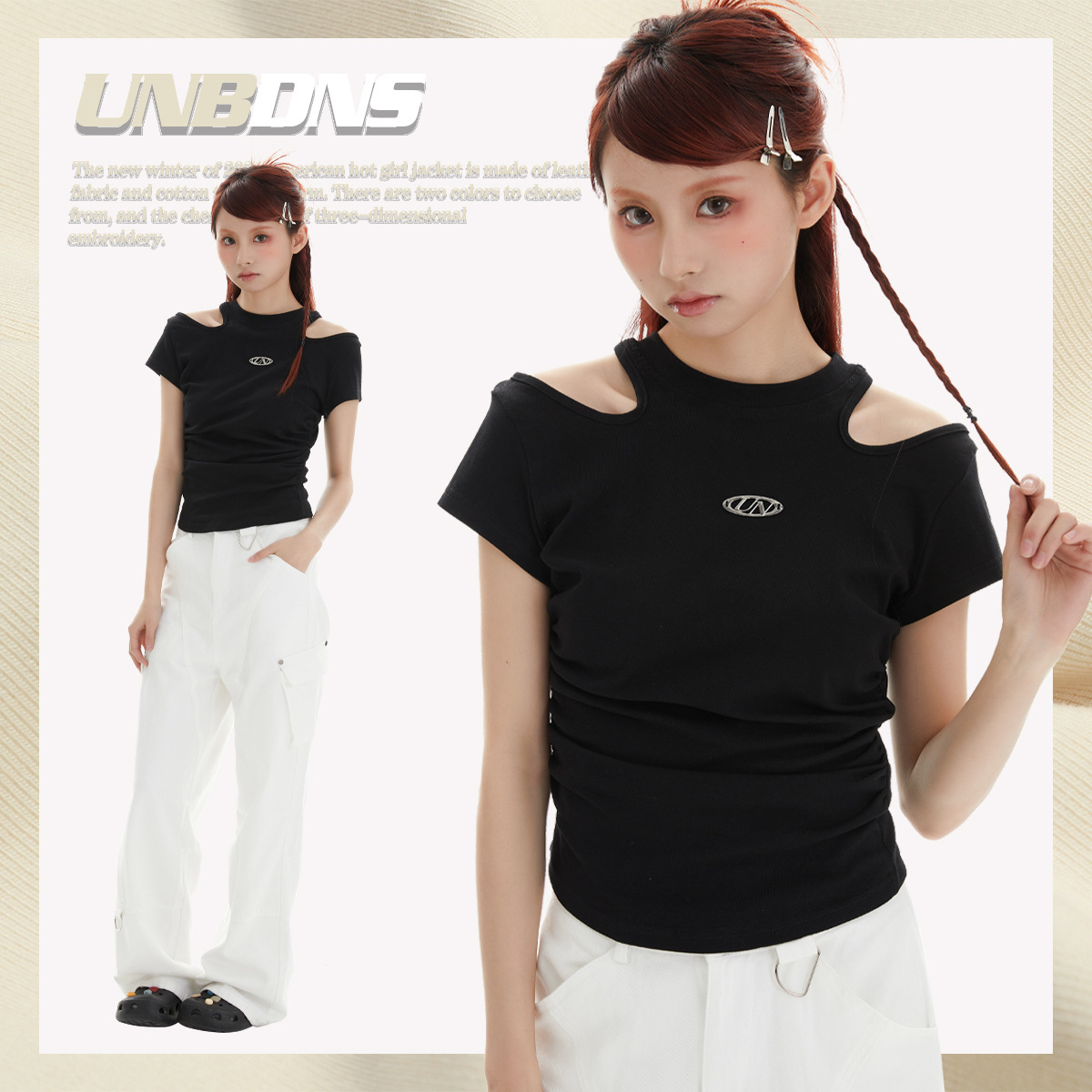 Unbdns Retro Street Style Sexy Hollow-Out Off-Shoulder Long-Sleeve T-Shirt Cotton Short Versatile Slim-Fit Top Trendy Brand