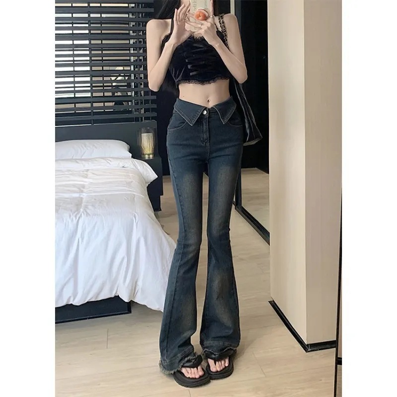 Hot girl retro micro flared jeans for women 2023 Spring and Autumn New slim fit high waist slimming mop long pants