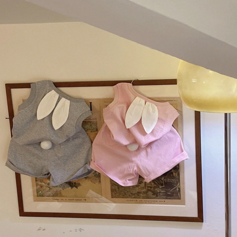 Summer Boys and Girls Suit Baby Stylish Children's Personality Trendy Korean Style Three-Dimensional Cartoon Ear Scarf T-Shirt Shorts