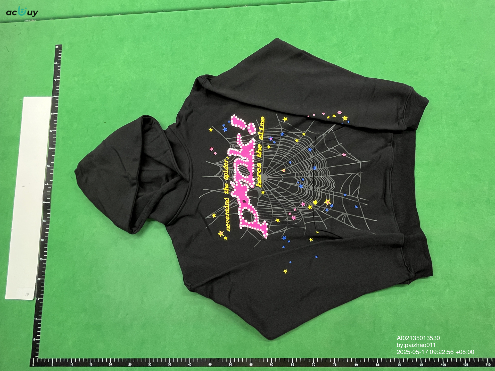Beautiful trendy men's same Sp5der 555555 cobweb foam printing trendy heavy Terry hooded sweater suit QC
