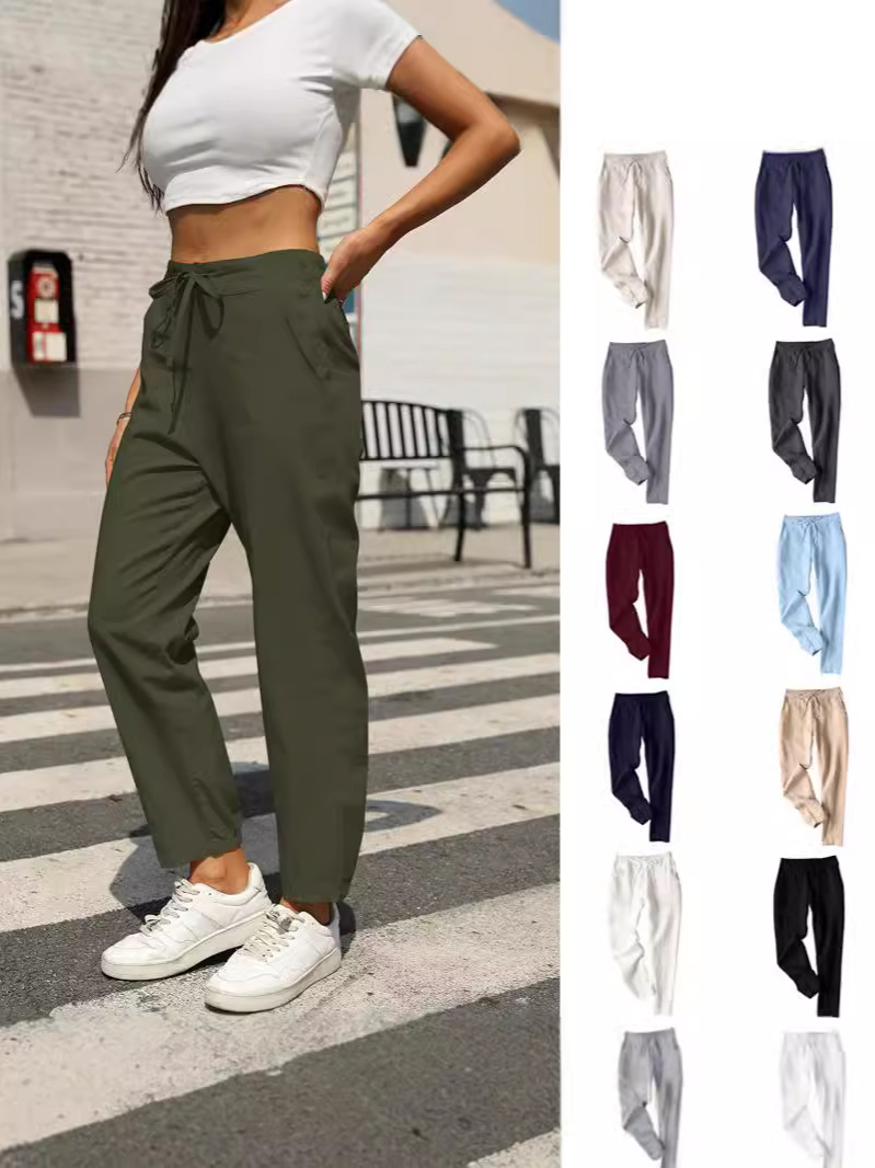 Cross-Border European and American Women's Clothing 2026 New Models Amazon Ebay European and American Casual Cotton and Linen Drawstring Elastic Waistband Long Pants for Women