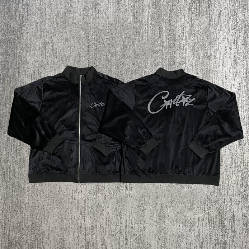Autumn and winter new Corteiz velvet embroidered zipper jacket, European and American niche fashion brand Devil's Island standing collar jacket