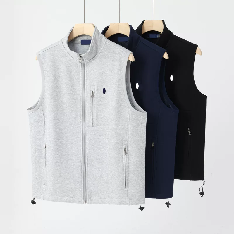 Spring and Autumn Style Zip-Up Cardigan Vest for Men, Large Size, Loose Fit, Sleeveless Cotton Sweatshirt with Stand Collar and Embroidered Logo, Men's Jacket QC 照片，来自 TAOBAO Qualit.ly