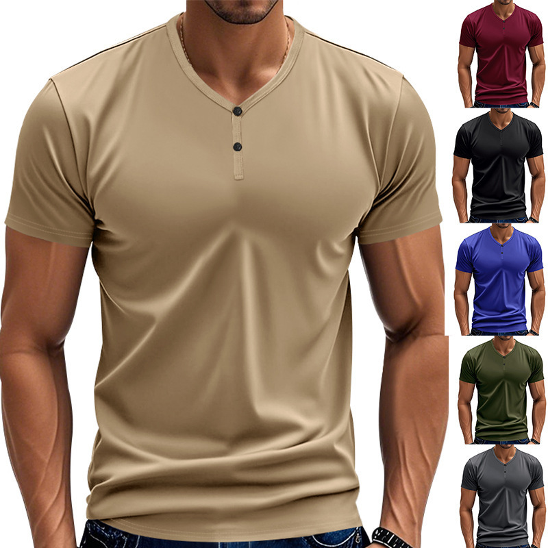 Cross-Border Independent Site American-Style New Men's T-Shirt Summer Loose Elastic Quick-Dry Breathable Sports Retro Henley Short-Sleeve