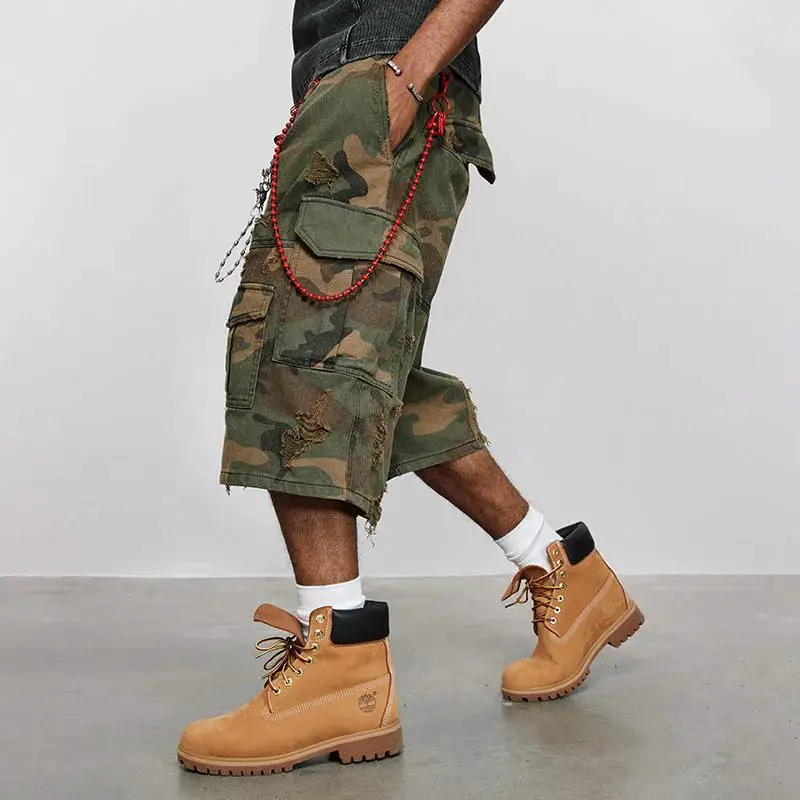 2025 Distressed Camo Stonewashed Vintage Seven-Piece Pants American Ripped Cargo Pants Loose Wide-Leg Shorts
