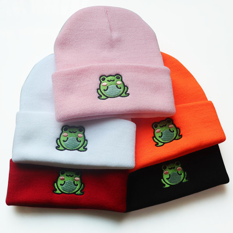 Autumn and Winter Embroidery Cartoon Frog Knitted Hat for Men and Women Casual All-match Winter Warm Cold Hat Daily Commute