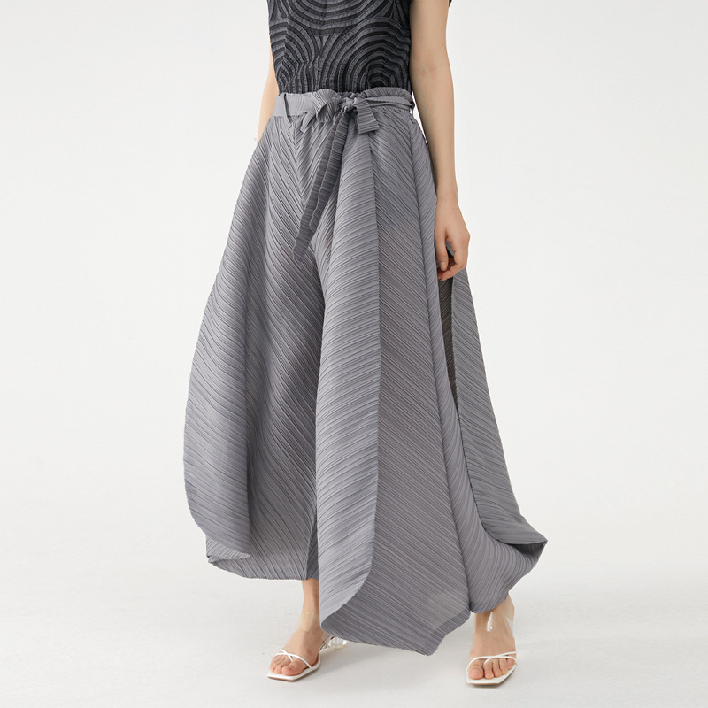 Miyake 23 Spring New Style Japanese Style Retro Design Lace-Up Splicing Pants Straight Casual Large Leg Wide Leg Pants for Women
