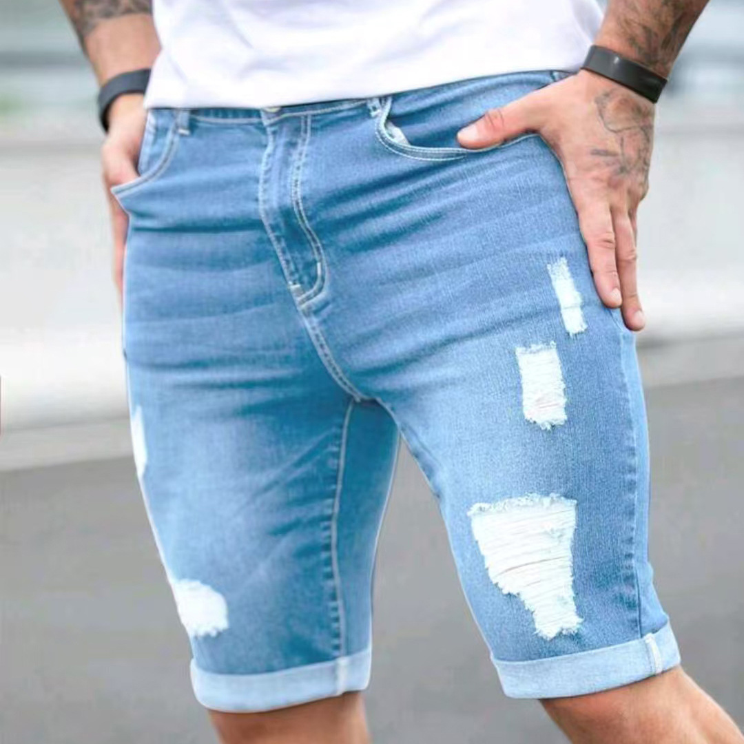 Cross-Border Temu Blue Ripped Denim Shorts Multi-Hole Design Jeans Men's Summer Jeans Men's Summer Thin Style