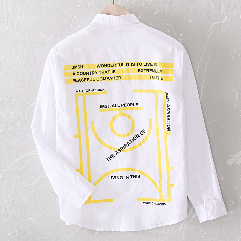L528 Korean fashion youth Joker men's coat cotton and linen solid color long sleeve printed shirt men's a generation of hair