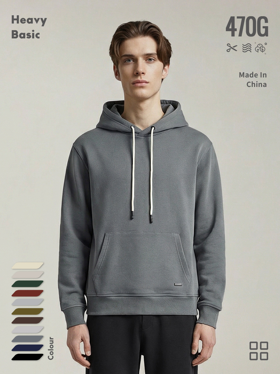 470g Autumn and Winter Heavyweight Thick Fleece-Lined Solid Color American Retro Hooded Sweatshirt for Men and Women Couples Trendy