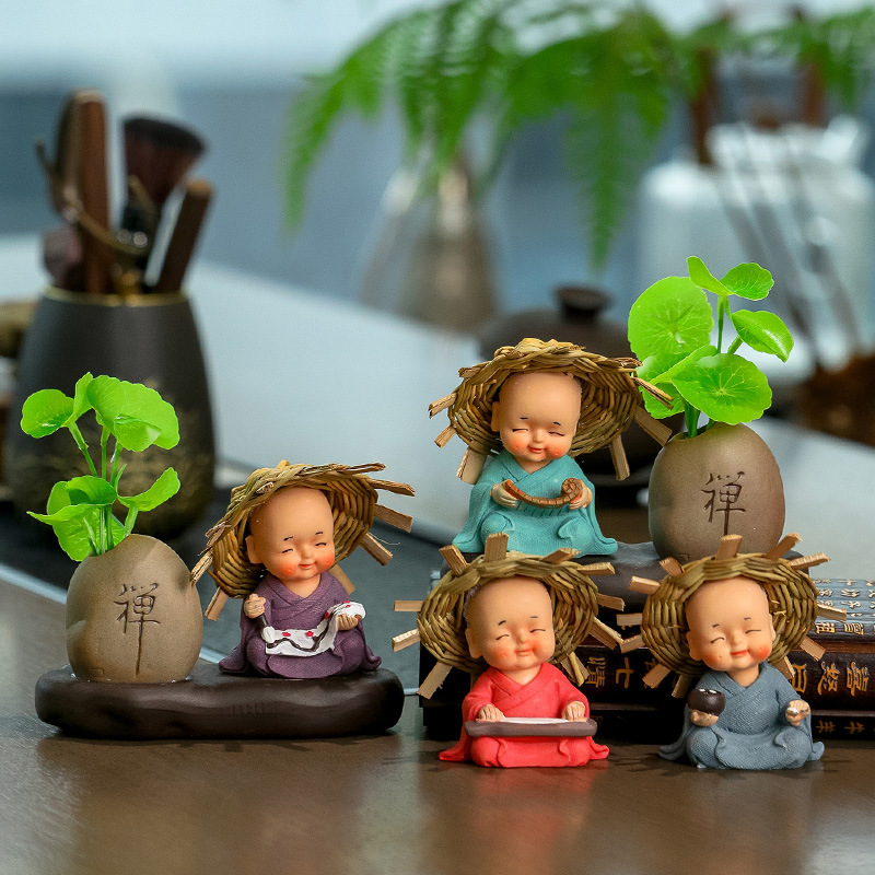 Micro Landscape Straw Hat Monk Zen Vase Home Decoration Entrance Living Room Tea Table Copper Herb Vase Hydroponic Vase