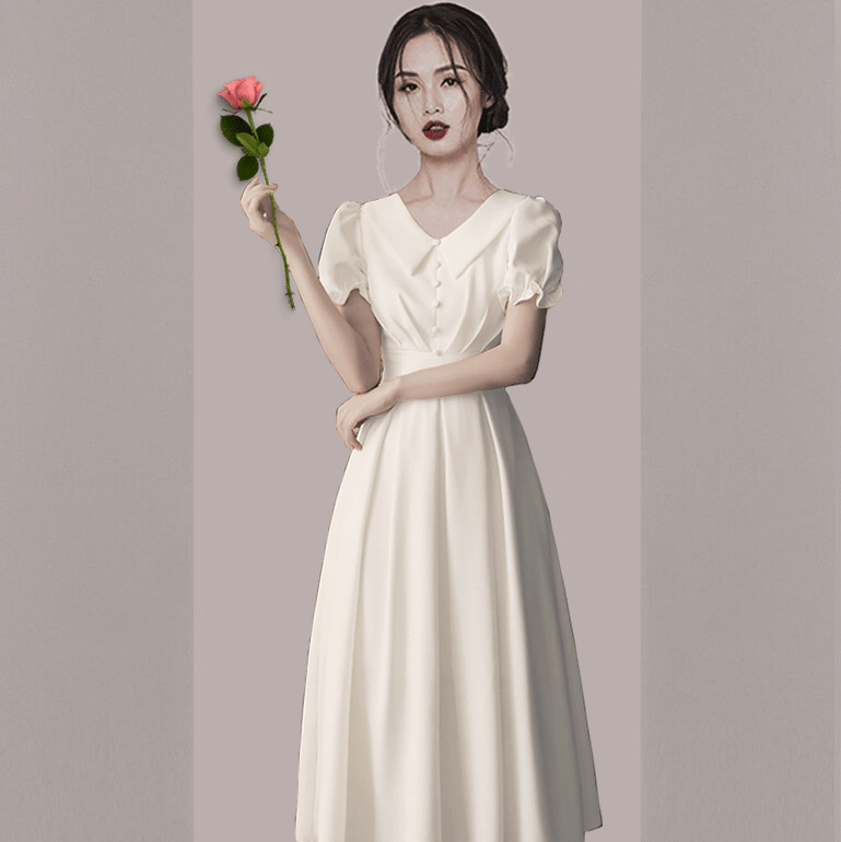 2026 Wedding Dress That Can Be Worn Casually, Elegant Short-Sleeve Simple Mid-Length A-Line Dress for Brides and Parties