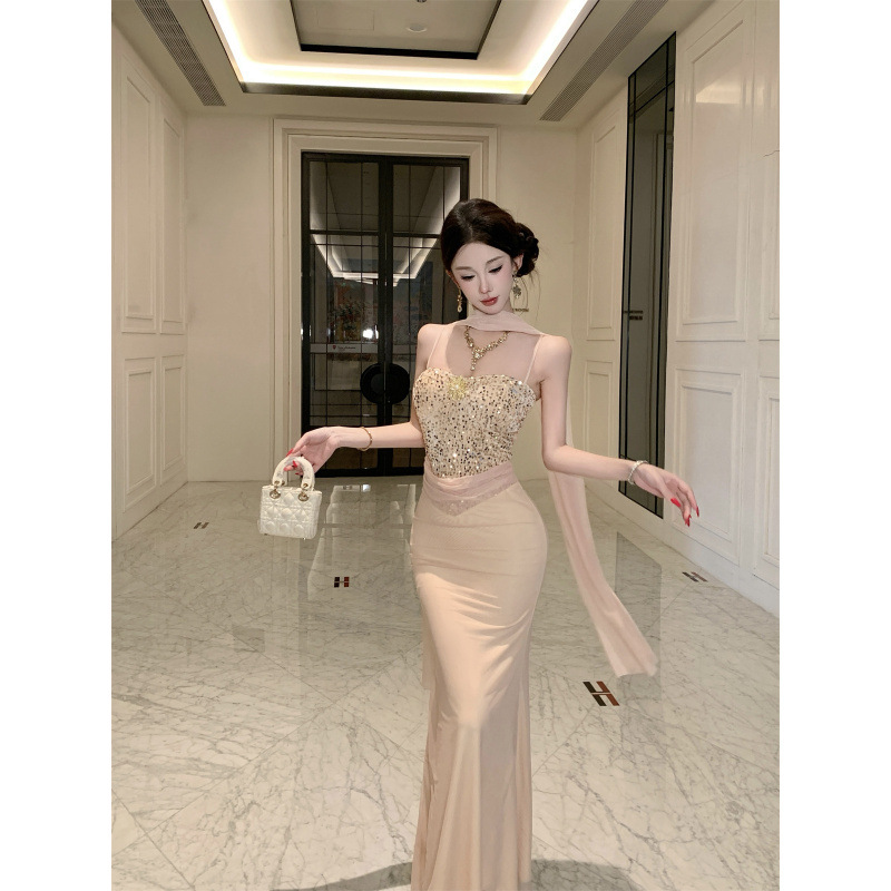 Cross-Border 2025 Autumn and Winter New Style Mesh Splicing Sequin Heavy-Duty Luxury Design Sequin Gown Dress with Shawl