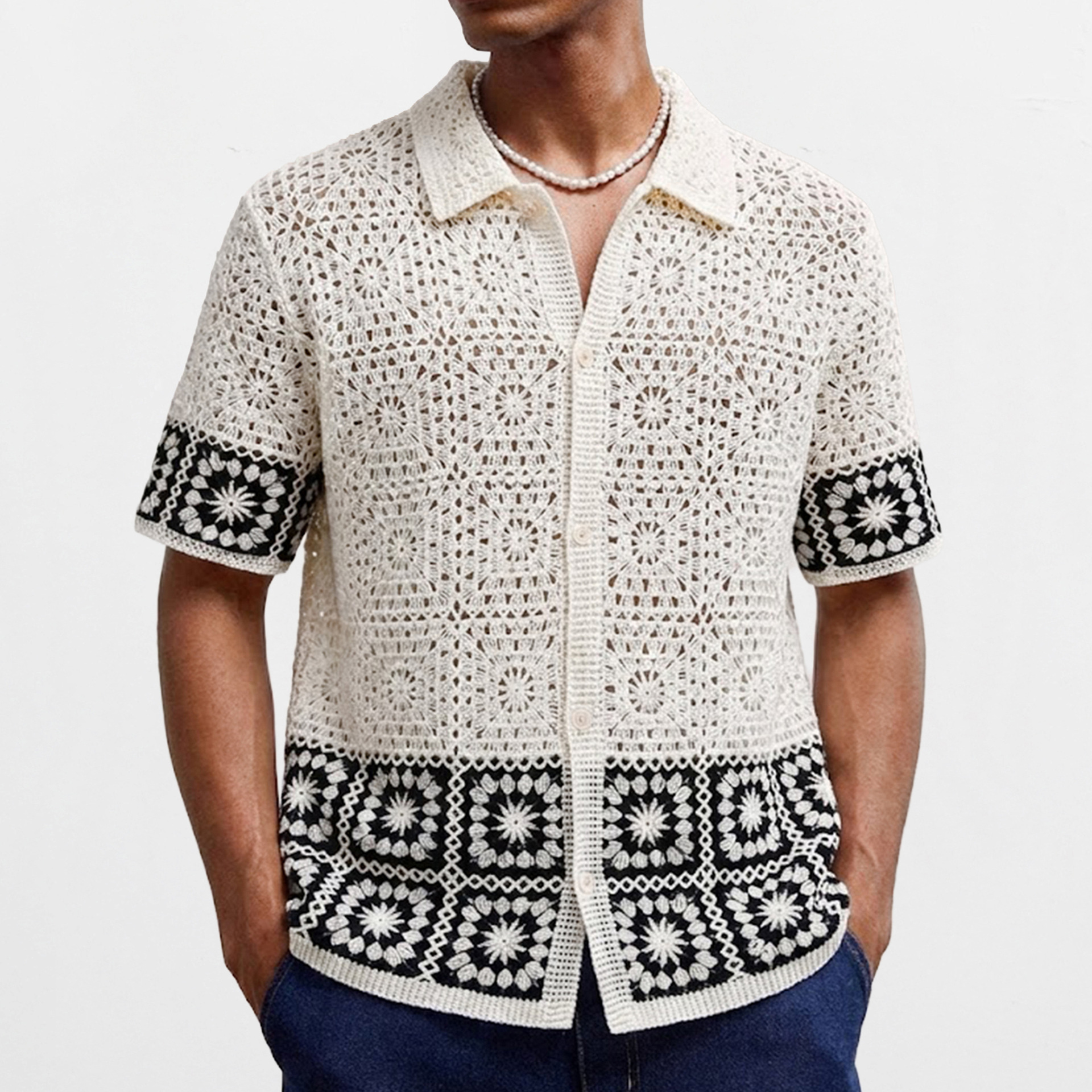 Amazon Men's Clothing Supply Black and White Color-Blocked Hollow-Out Knitwear Summer Short-Sleeved Water-Soluble Crochet Polo Shirt Sy0069