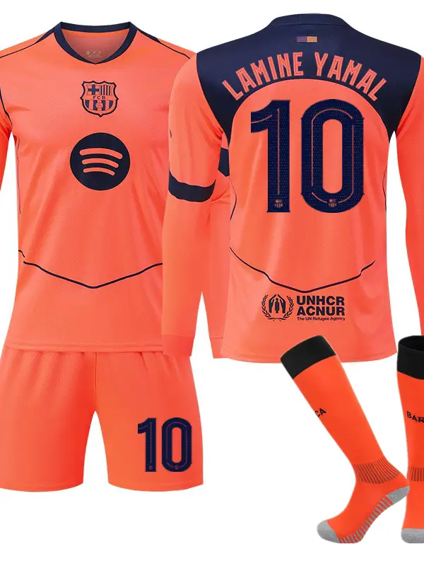 2526 Barcelona Away Long-Sleeve Football Kit Set 10 Yarmar 9 Lewandowski 8 Pedri 14 Rashford Jersey