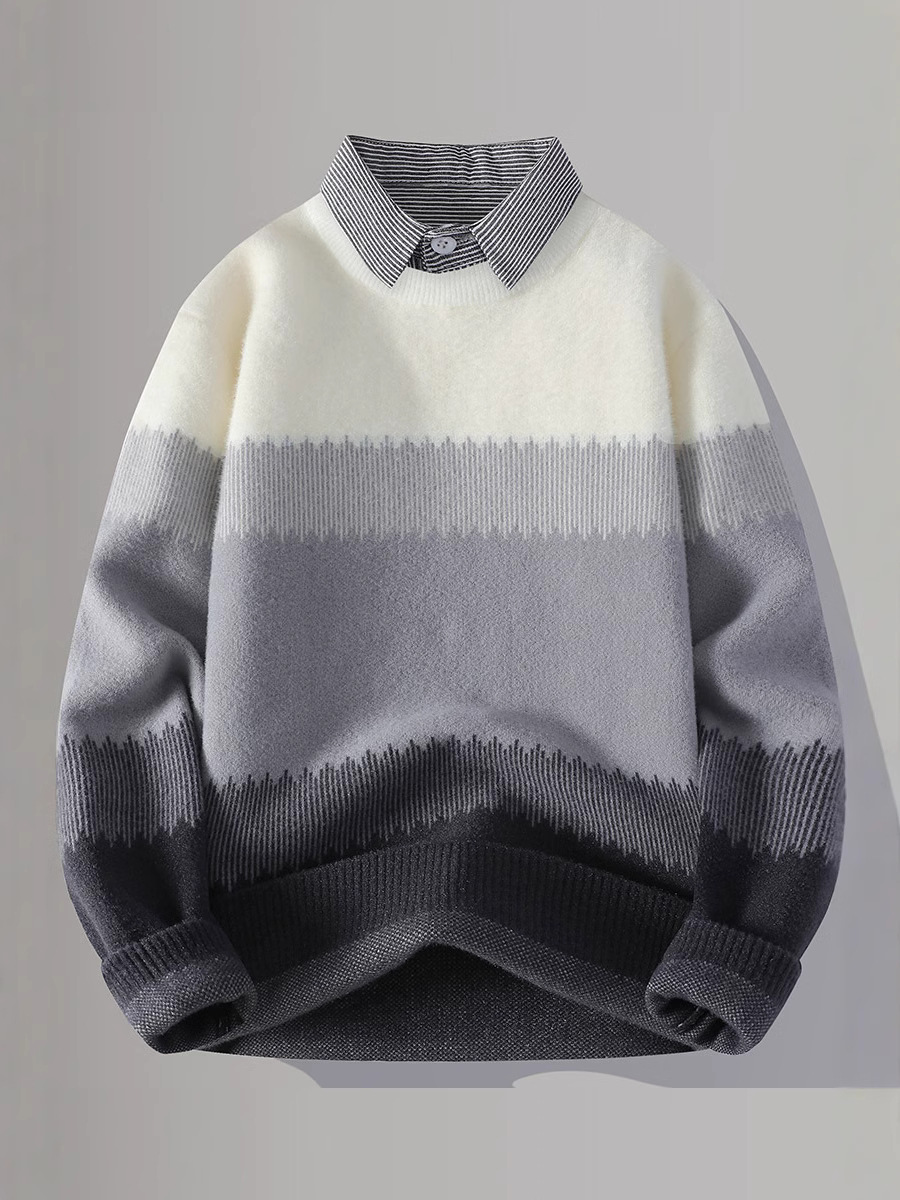 Shirt Collar Gradient Sweater Young Men's Autumn and Winter Fake Two-piece Knitwear Men's Thickened Warm Casual Line Men's Clothing