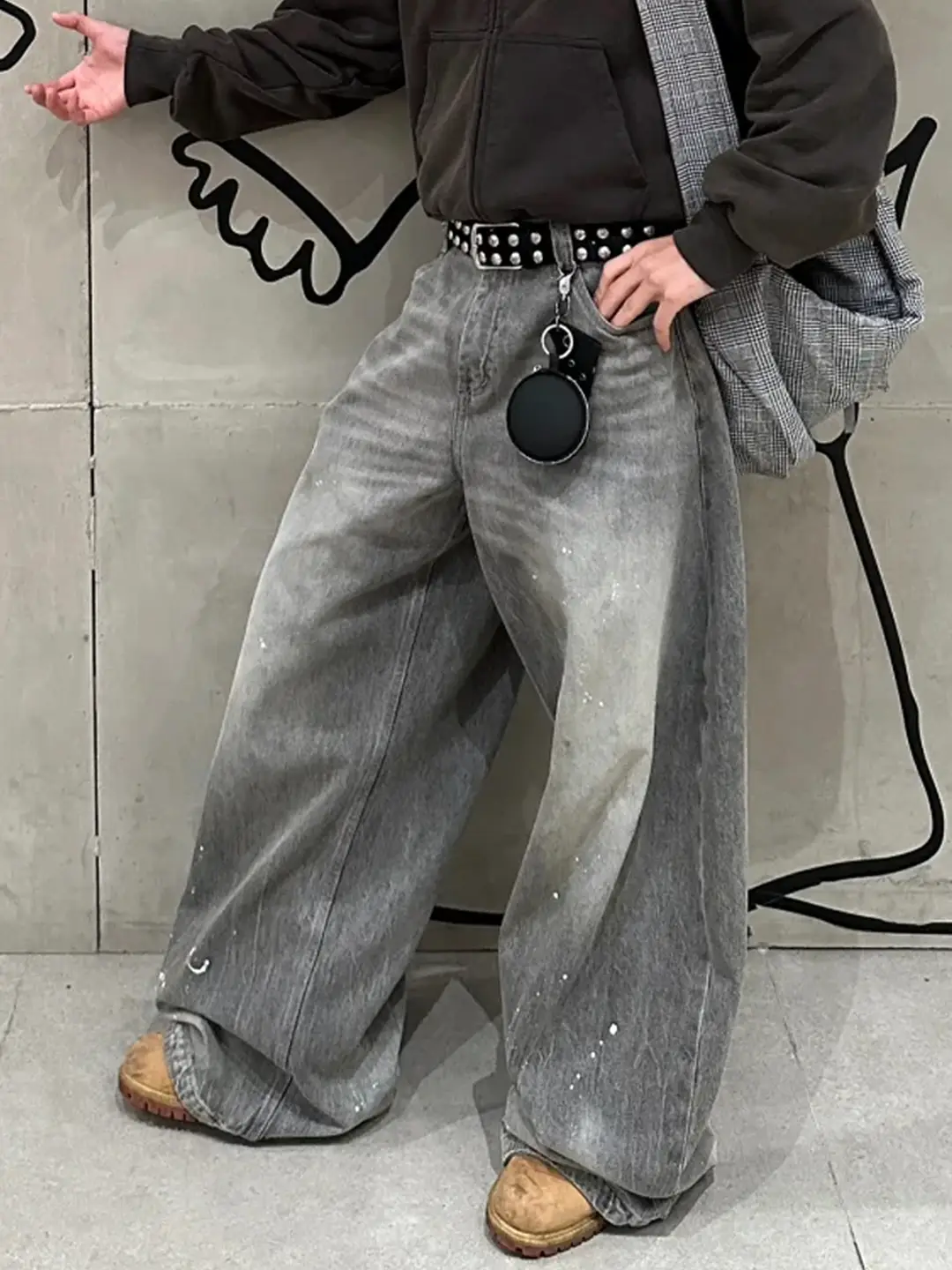 Splash-Ink Washed Gray Scimitar Pants, Unisex, American Retro, Distressed, High-End, Loose, Casual, Wide-Leg Jeans