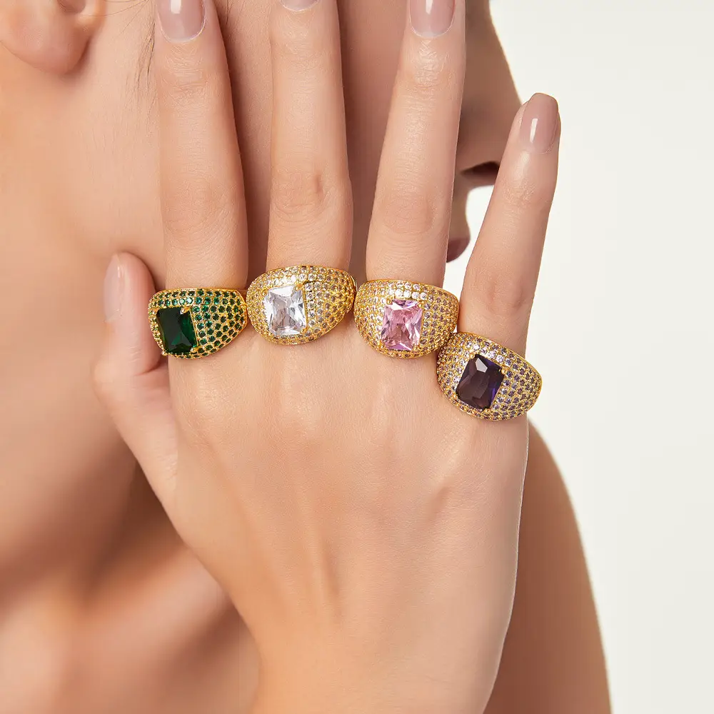 Chic Style Fashion Simple Personality Light Luxury Style Ring Inlaid with Colorful Zircon Design Sense Copper Material Open Ring