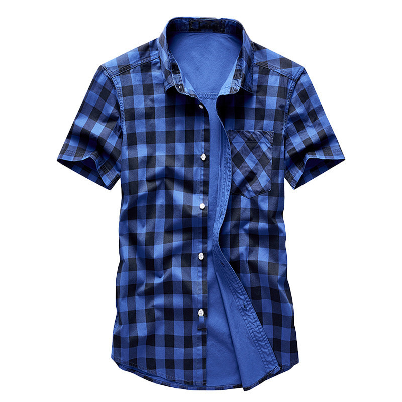 Cross-Border Aliexpress Wish Summer New Loose Cotton Plaid Men's Short-Sleeved Shirt Men's Casual Workwear Thin Section