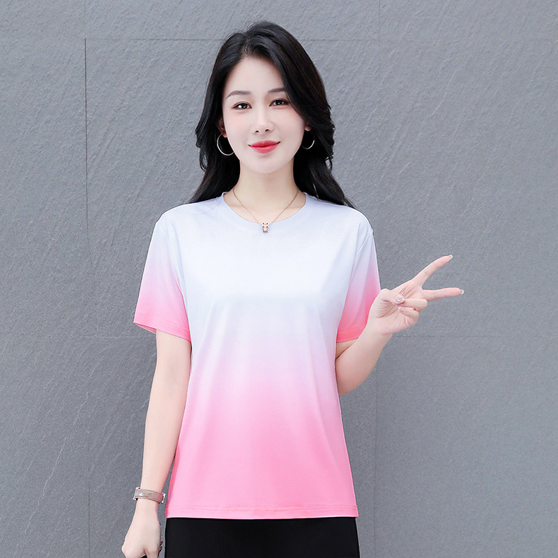 Ice Silk Quick-Drying Short-Sleeved T-Shirt for Women 2026 Summer New Gradient Thin Breathable Casual Running Sports Top t