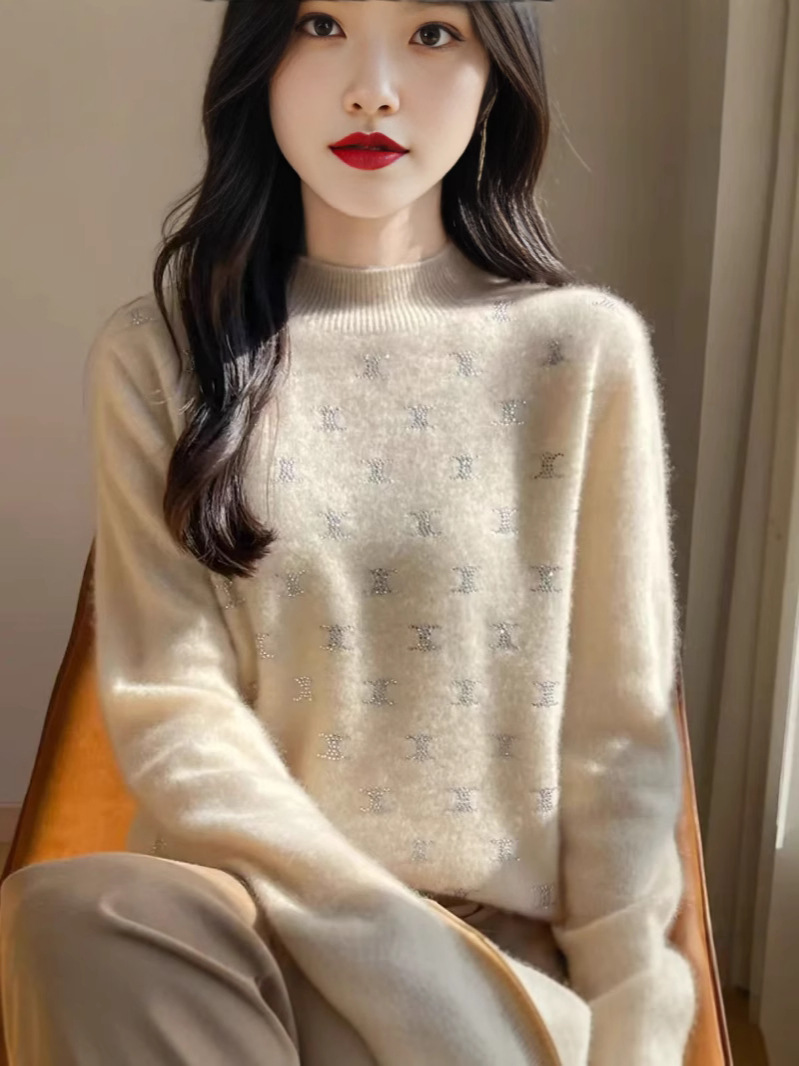 Non-Wool Sweater Women's Autumn and Winter Rhinting Double C Knitted Sweater Loose Wool Base Shirt Long-sleeved Pullover Sweater Women's Korean