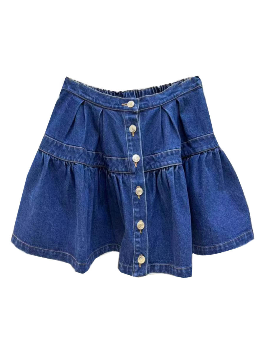 French Brand m's New 2026 Spring/Summer Blue Pleated Ruffle Denim Short Skirt with Single-Breasted High-Waisted Design
