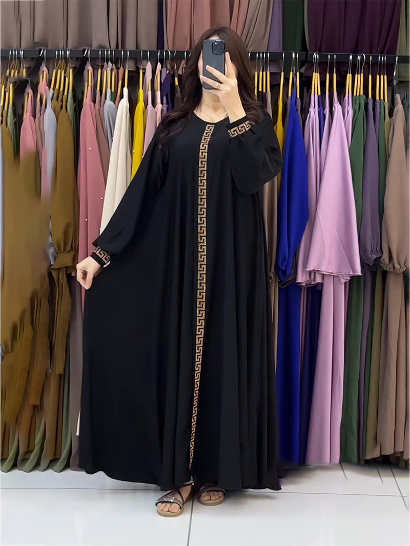 Amazon 2024 European and American Summer New Round Neck Solid Color Long Sleeve Loose Hot Drilling dress Women's Dress