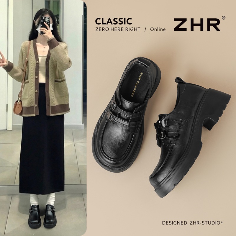 Zhr Thick-Soled Loafers with Metal Buckle, Black Leather Shoes, 2026 New Style, Height-Increasing Elegant Single Shoes for Women