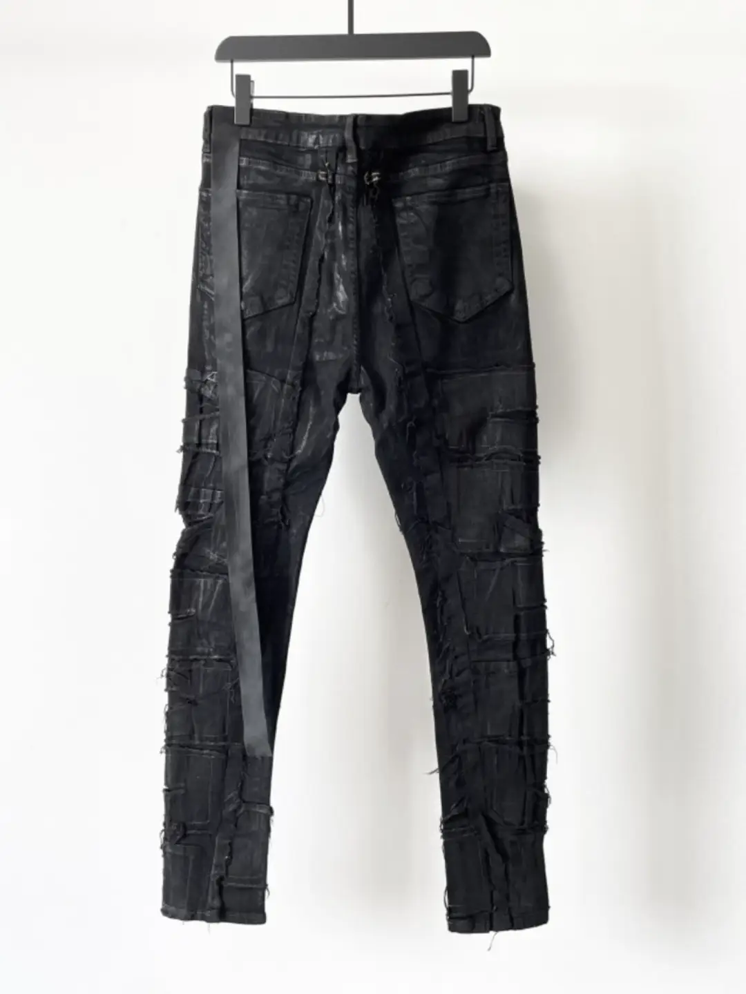 Dawnhin Ro Double Line Coating Washed and Worn Erosion Wax Surface Knee Hole Elasticity Silm Denim Pants Men