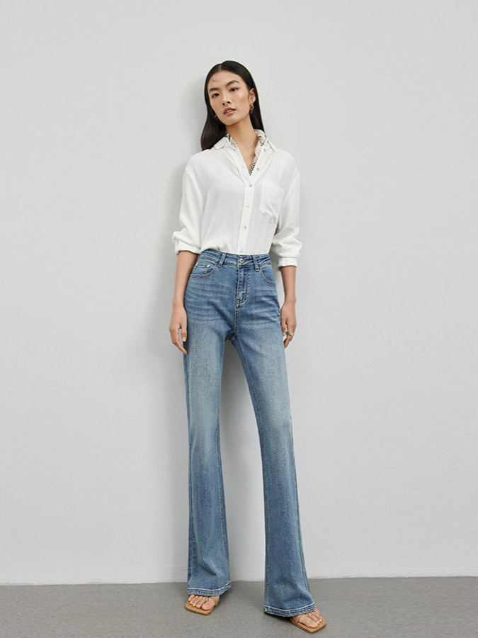 light blue High Waist Micro-flared Jeans Women's Slim-fit Slimming Stretch French Style Retro High Street Horseshoe Pants Ins Trendy