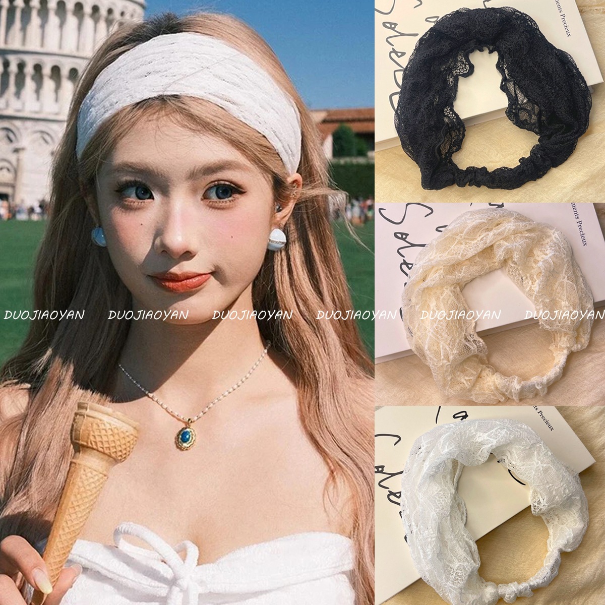 Spring and Summer All-match Mesh Lace Hair Strap Towel Cap Women's Hair Breathable Hollow Headband Photographing Heap Elastic Accessories
