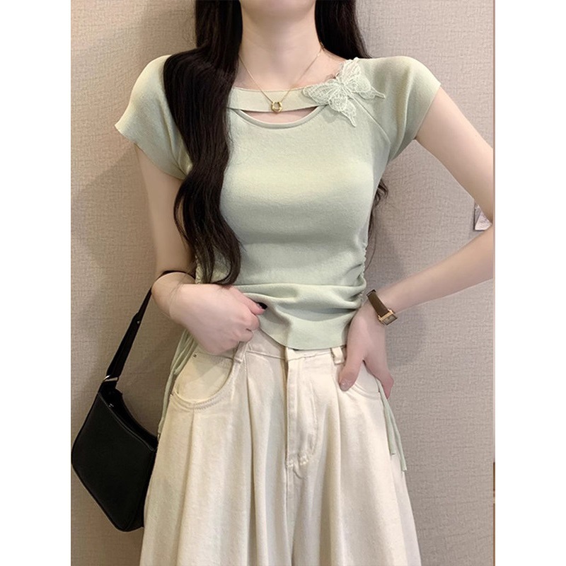 Mint Green Bow Short-Sleeve Top for Women, Summer 2026 New Dopamine Style, Waist-Cinching, Slim-Fit, Unique and Beautiful