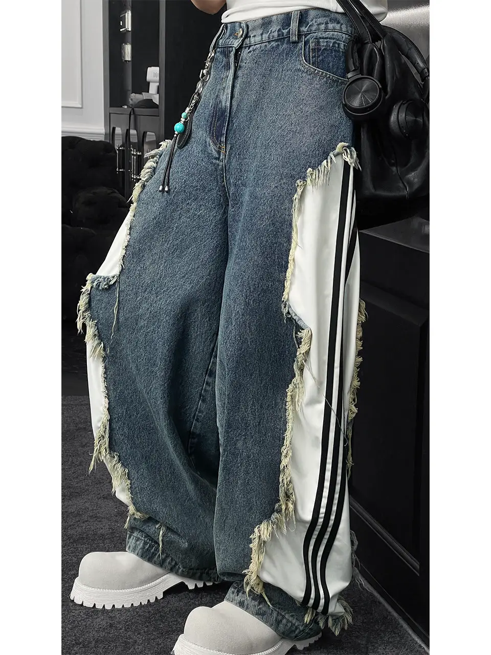Longtaodao 2026 Spring New Collection Niche High-End Patchwork Striped Design American Retro Jeans High Street Trendy Men's Wear