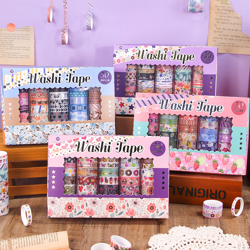 Cross-border hot selling 50 rolls and paper tape suit creative decoration hand account high-grade boxed collage material stickers wholesale