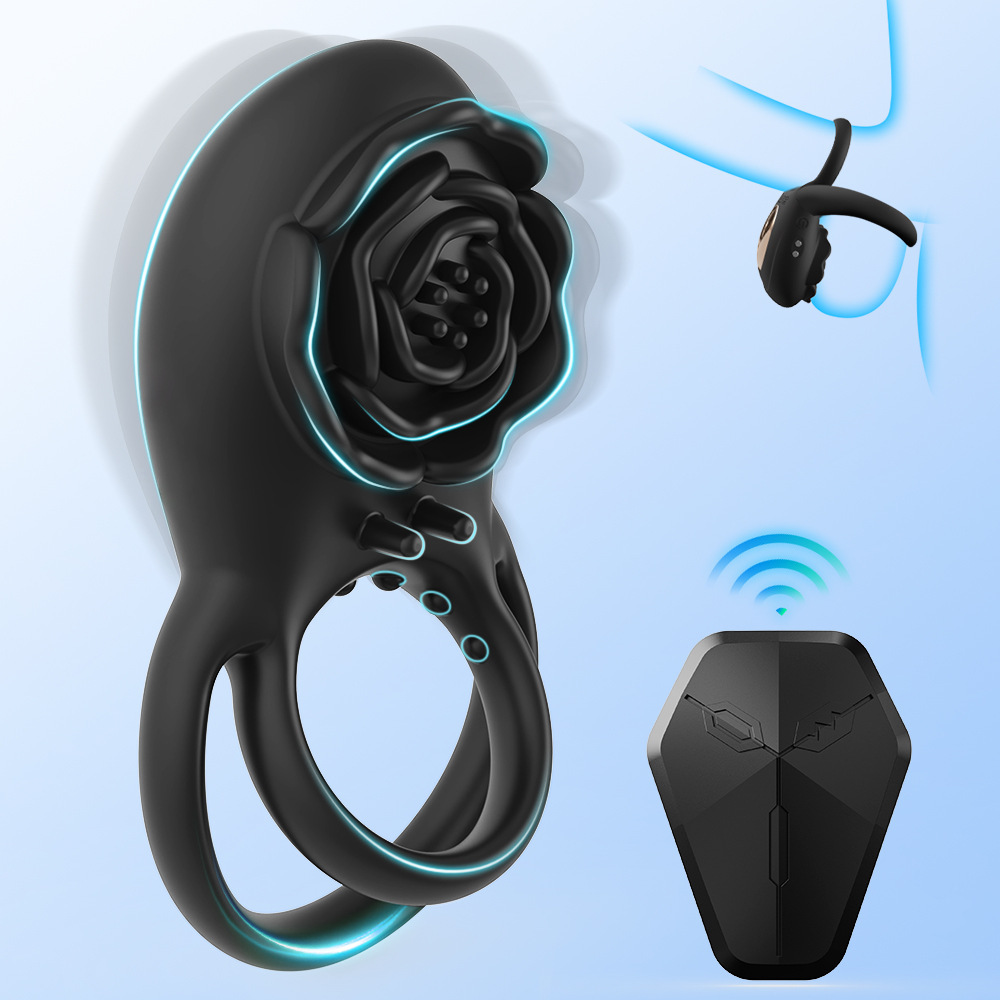 Cross-Border New App Rose Lock Semen Ring Wireless Remote Control Vibrating Double Ring Penis Exerciser for Men and Women Wholesale