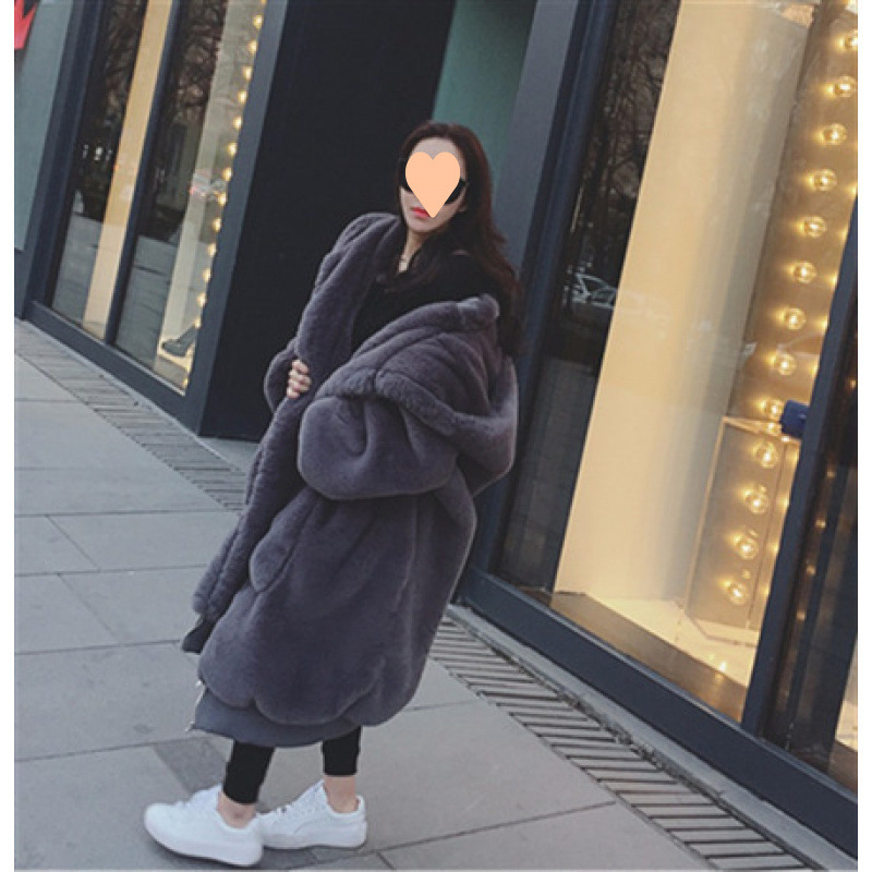 Korean Style New Imitation Rex Rabbit Fur Thickeneded Long Hooded Fur Loose Outwear Imitation Leather Outwear for Men and Women Export Winter