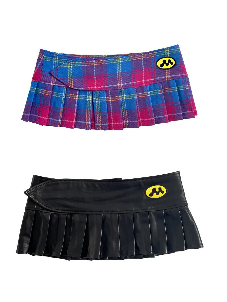 (Good Night) in Stock Mowalola Multi-Cultural Spicy Girl Plaid/Leather Skirt Pleated Skirt with Adjustable Waist