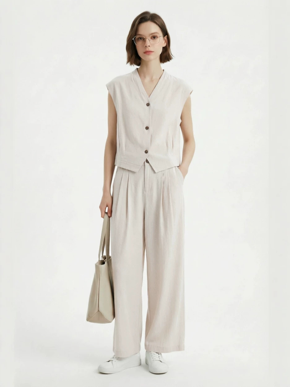 Bc Design-Inspired Old Money Style Linen Suit for Women, Summer V-Neck Sleeveless Waist-Cinching Shirt Top + Wide-Leg Long Pants Two-Piece Set